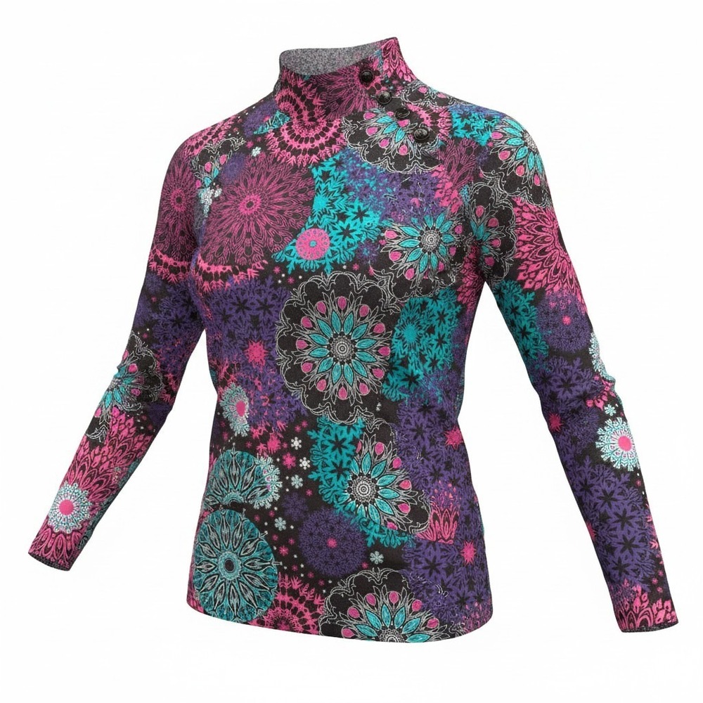 Christopher & Banks Mandala Snowflake Mock Neck Long Sleeve Top Purple Pink Teal